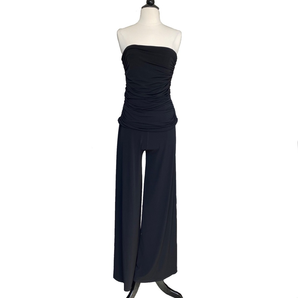 NBW EVO VORRÒ Black strapless ruched top & wide leg jumpsuit size medium - Picture 2 of 10